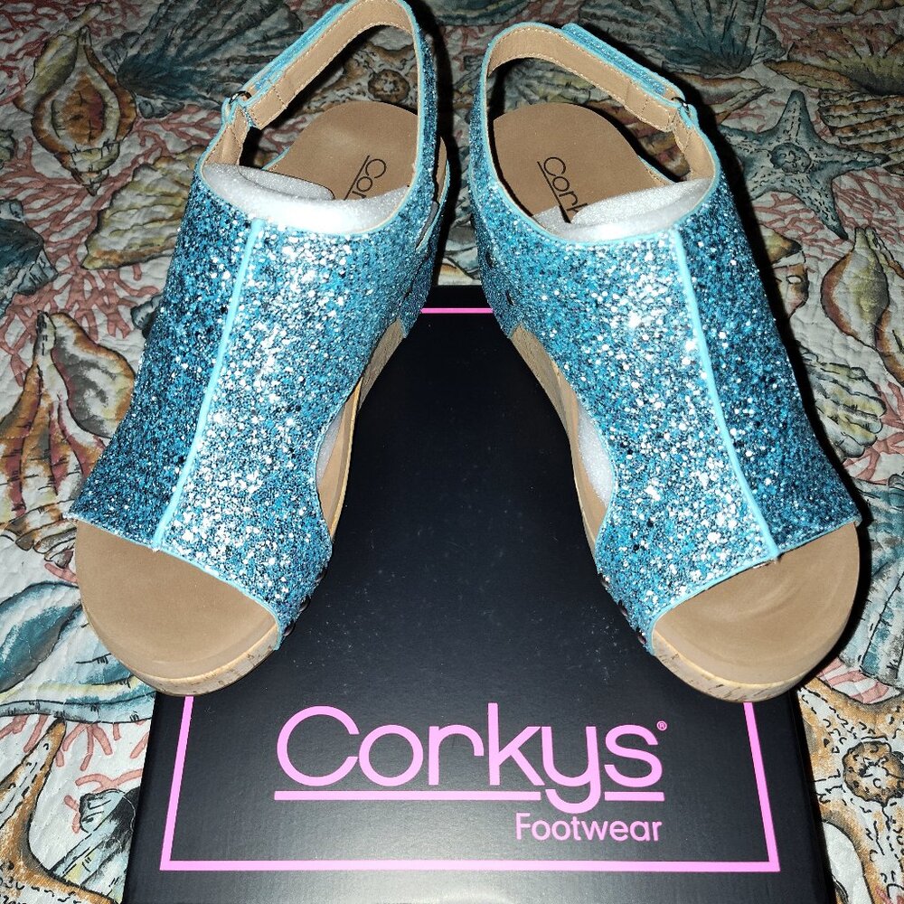 Corkys Chunky Glitter Turquoise size 10 sandals